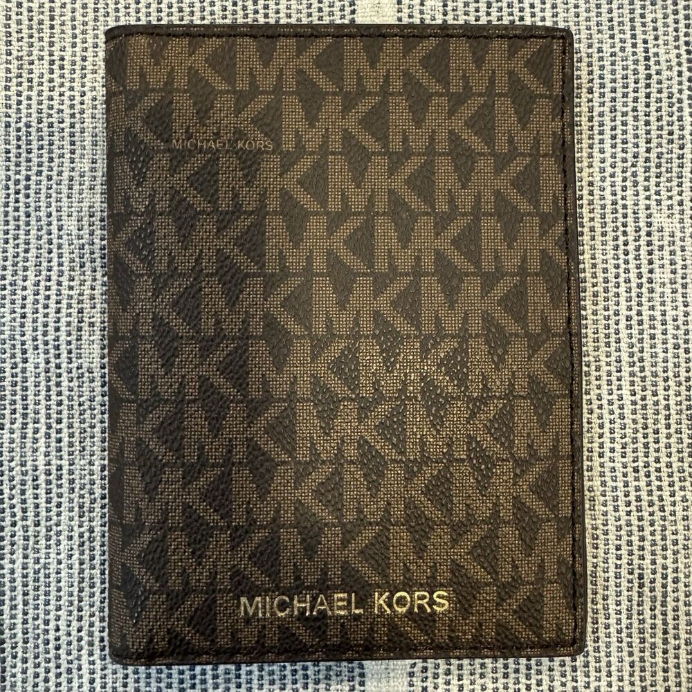 Michael Kors Jet Set Travel Passport Holder Wallet MK Logo Brown Wallet